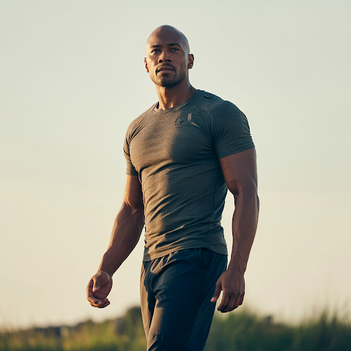 Athletic man walking with confidence and strength